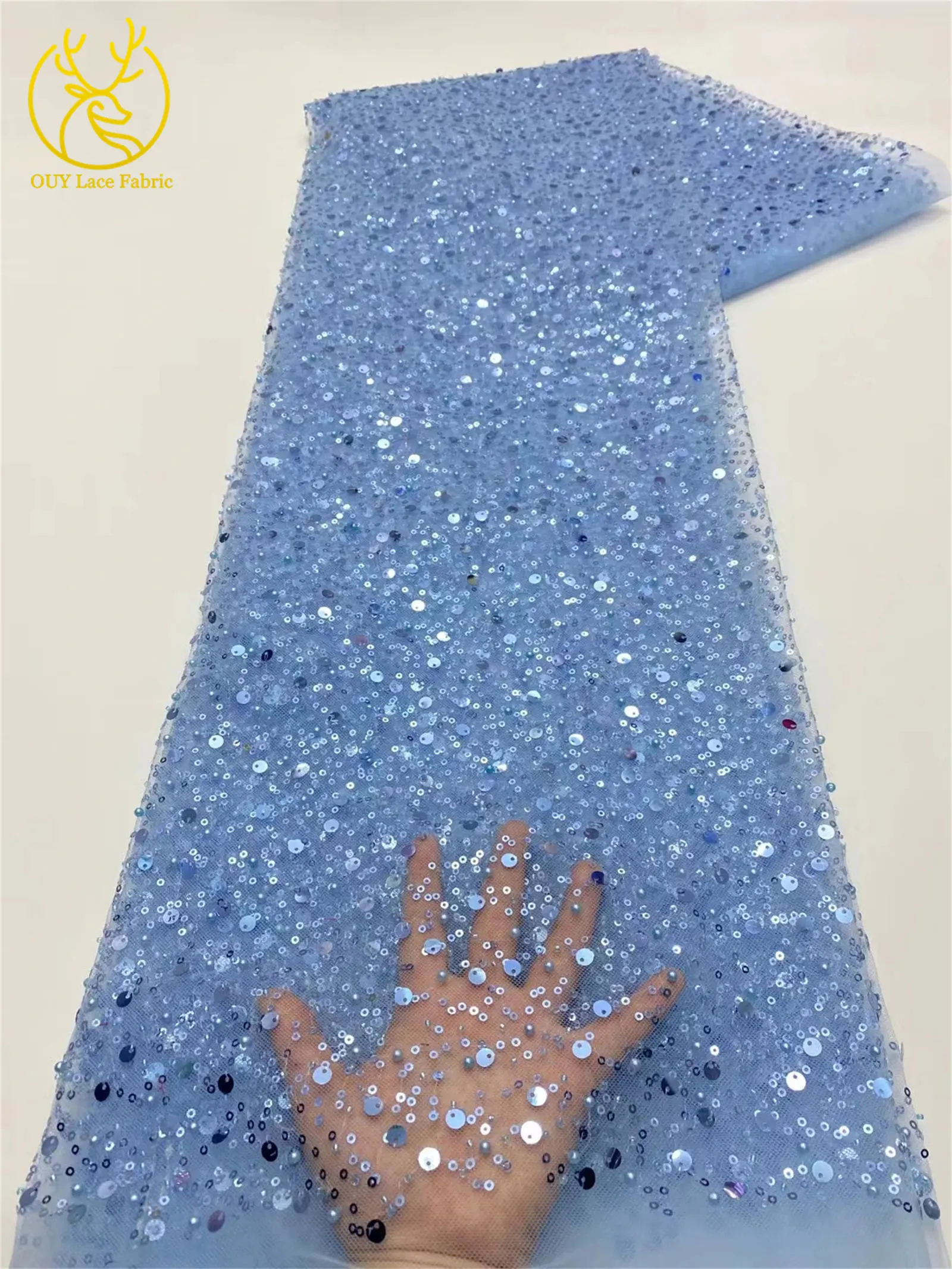 Rosa afrikanischer Tüll-Spitzenstoff mit Pailletten, 5 Yards, hochwertige nigerianische Perlen-Mesh-Spitze für Brautkleider, Hochzeitsfeiern und Näharbeiten. – Detail 14