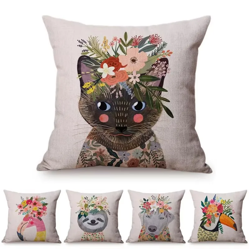 Funda de almohada decorativa para habitación de arte infantil, funda de cojín de algodón y lino con pintura de acuarela, gato, flamenco, perro, mascota
