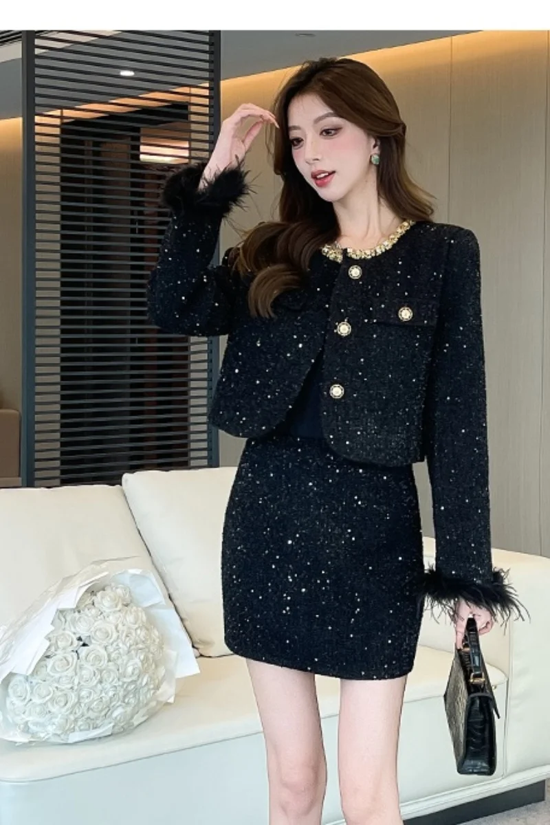 High End Small Fragrance Style Two-Piece Set New Autumn Winter Cotton Beaded Short Jacket Women\'s Christmas 2 Piece Outfits