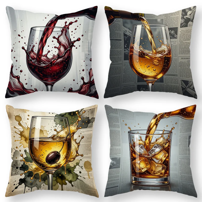 Wine Glass Splash Print Throw Pillowcase Abstract Beverage Liquid Drink Art Pillow Cover 40x40cm Set of 4 Pieces
