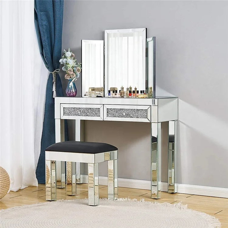 Wholesale dresser bedroom furniture custom diamond wooden dresser with round mirror and stool wedding gifts