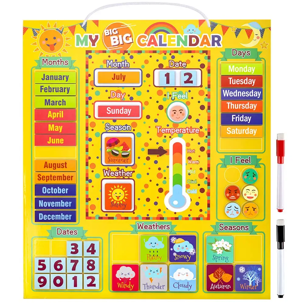 Kids Daily Magnetic First Calendar Set Preschool Learning Toys Weather Station for Girls Boys Usable on Wall or Fridge