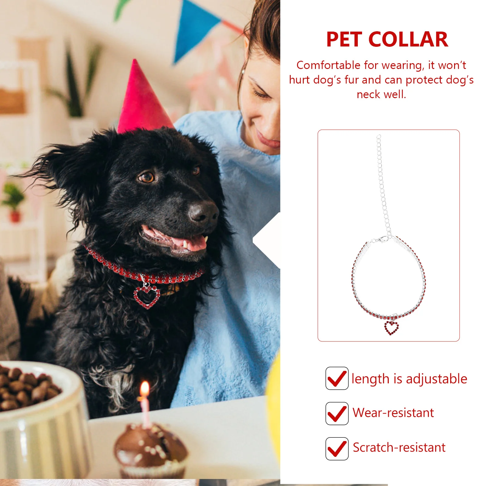 3 Rows Elastic Rhinestone Heart Pendant Dog Necklace For Pet Collar Decor, Puppy Neckwear Jewelry Chain Accessory