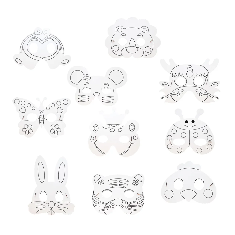 

10pcs Animal Craft Masks Graffiti Mask Paintable Tiger Puppy Dragon Lion Pre Cut Coloring Party Toys