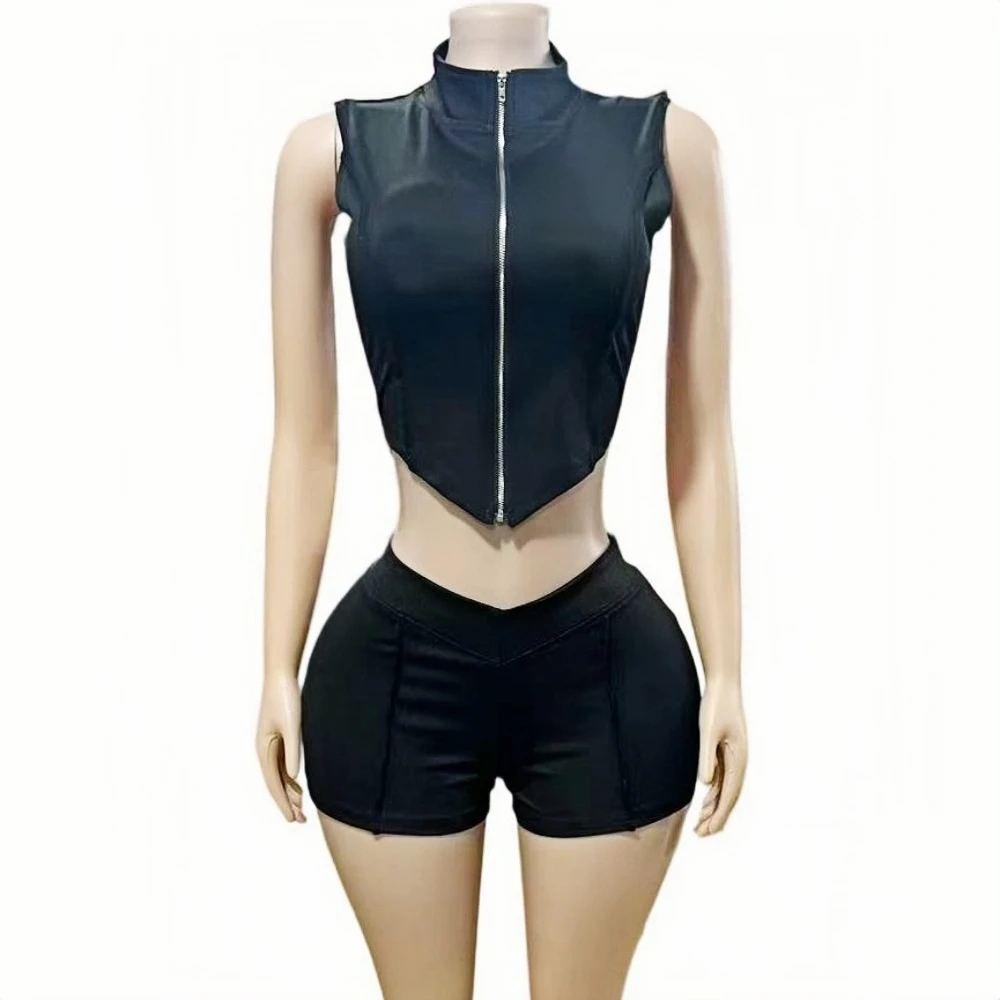 HLJ Spring Summer New Casual Sporty 2 Pieces Set for Woman Zipper Irregular Patchwork  Crop Top+Skinny Shorts Female Streetwear