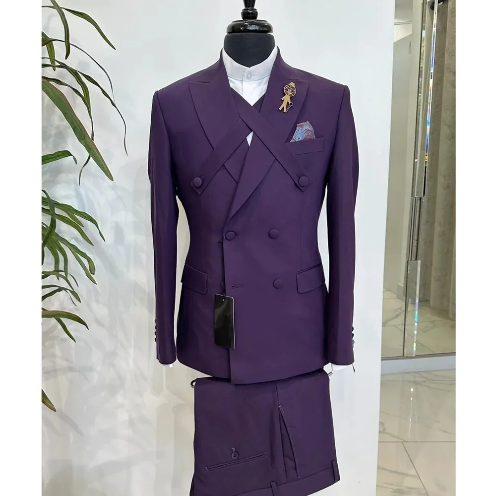 

Fashion Men Suits With Double Belt 2 Piece Jacket Pants Sets Double Breasted Prom Party Terno Groom Wedding Custom Male Outfits