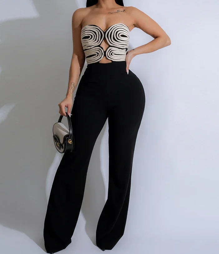 

Women's Jumpsuit 2025 Summer New Temperament Fashionable Sexy Sleeveless Woven Tape Strapless Backless Party Straight Jumpsuits