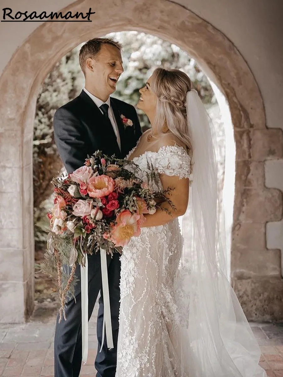 Robe de mariée en Tulle pour femmes, épaules dénudées, fluide, style Boho, élégante, longue, avec des appliques en dentelle, pour la plage, 2023