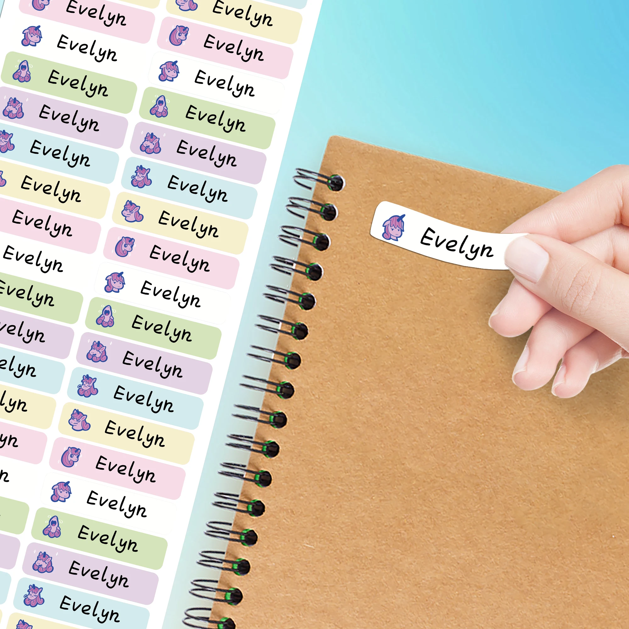 Etiquetas de nombre personalizadas, pegatina personalizada impermeable de unicornio, pegatinas de papelería escolar Kawaii para niños, calcomanías, etiqueta de primer nombre