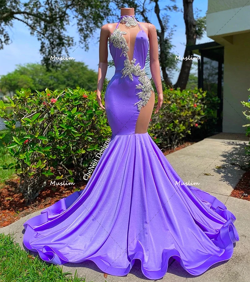 คริสตัลสีม่วง Mermaid Prom Dresses 2022 Halter Backless ชุดราตรียาวสีดำสาว Beaded งานเลี้ยงอาหารค่ำสวมใส่ Robe De Soirée