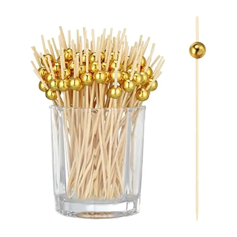 

ABHZ-Cocktail Sticks Natural Wood Sticks With Gold Acrylic Beads Wooden Toothpicks Cocktail Sticks,Food Sticks For Bar Party Dur