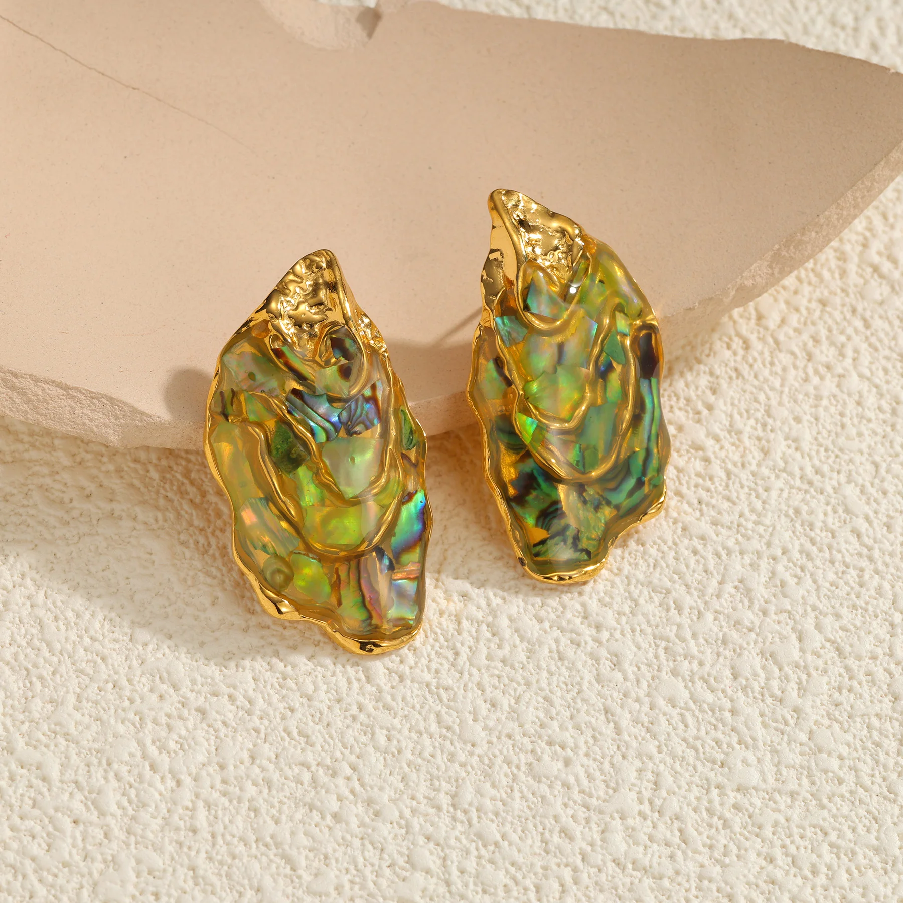 Kissmoon Inlaid Abalone Shell Earrings For Women Stainless Steel Irregular Yellow Green French Vintage Stud Earring Jewelry Gift