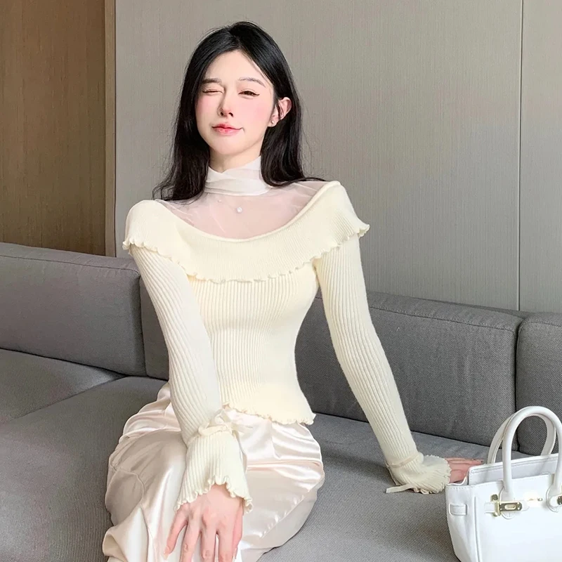 Chicไม่สม่ําเสมอถักPulloversผู้หญิงHottieตาข่ายPatchwork Bottomingเสื้อแฟชั่นฤดูใบไม้ร่วงSlim Fit Elegantหญิงเสื้อ
