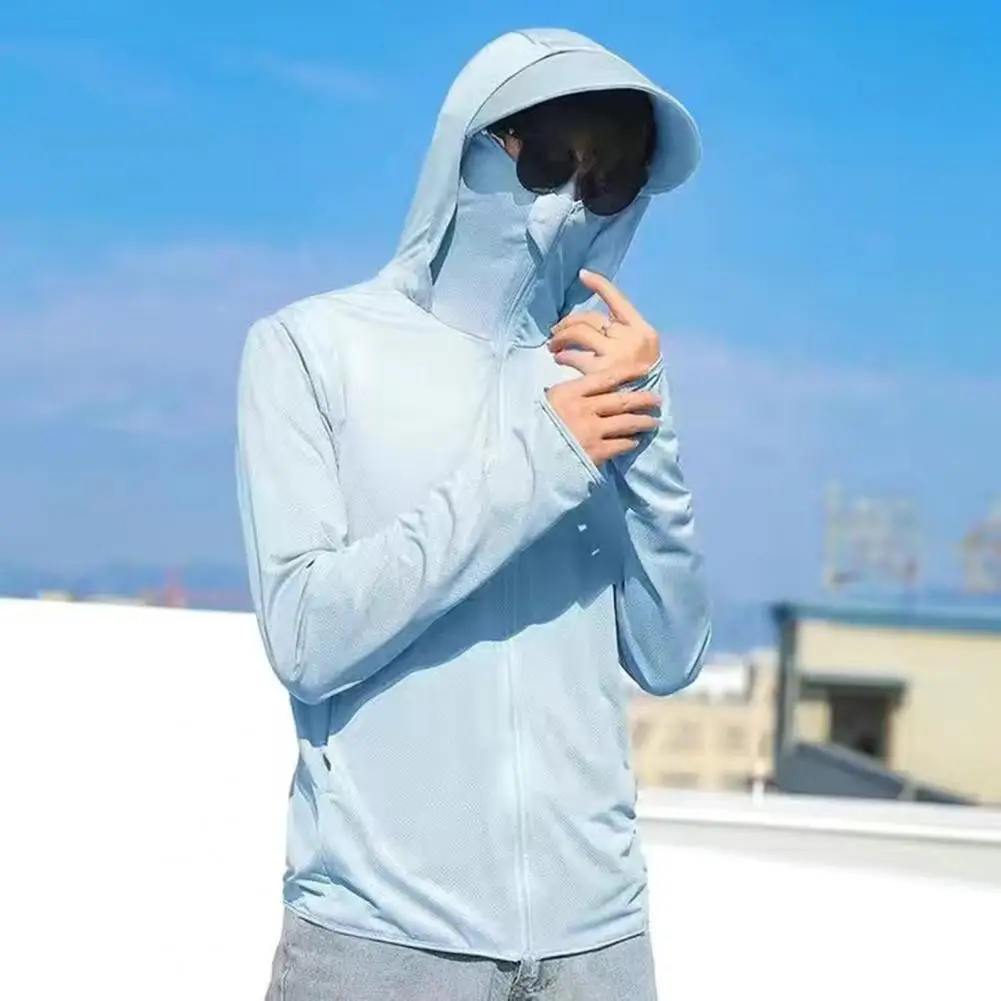 

Men Summer Sun Protection Clothing Hooded Drawstring Long Sleeve UV Protection Summer Breathable Zipper Placket Fishing Clothing