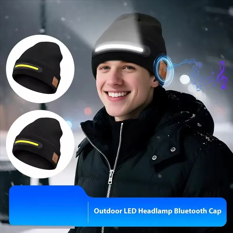 New Bluetooth LED Beanie Hat with Light Unisex Outdoor Winter Warm Hat USB Rechargeable Headlamp Cap Knitted Nightlighted Hats