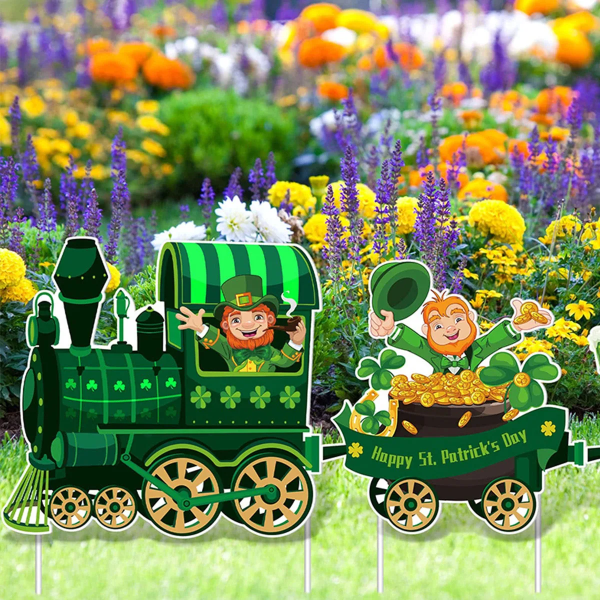 4Pcs St Patricks Day Garden Decorations Green Gnome Train Coin Welcome Stakes Holiday Home Garden Lawn Patio Supplies