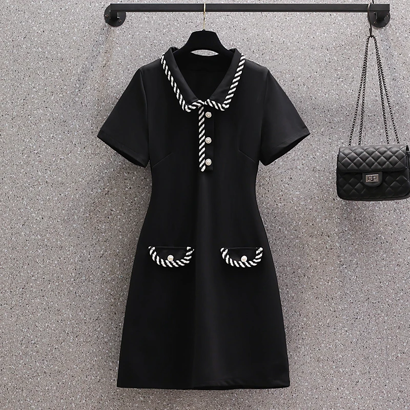 Summer Black Short Sleeve Polo Collar Mini Dress Women Kroean Vintage Hepburn Party Dress 2024 Elegant Bodycon Office Lady Dress