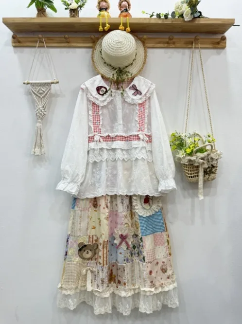 Japanese Vintage Lolita Mori Girl Lace Cartoon Plaid Print Patchwork Skirts Women Summer Elastic Waist Casual Cotton Skirts