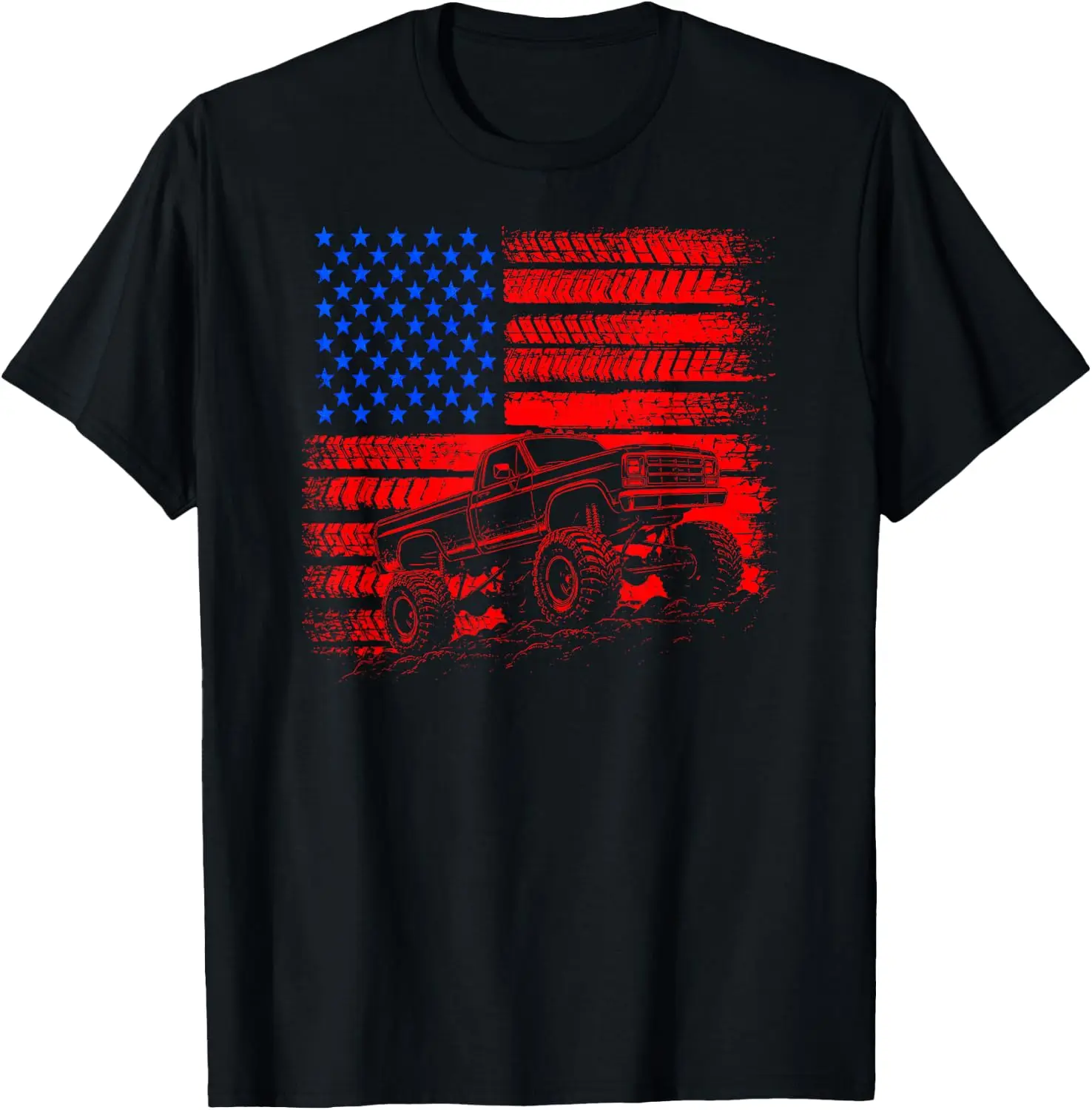 Off-Roading Monster Truck Lover Offroad Racing USA Flag T-Shirt Men Women Unisex Novelty Graphic T‑Shirt, Classic Crew Neck 100% Cotton Tee, Lightweight Anti‑Pilling Breathable Casual Tops, Year‑Round Daily Outfit, Holiday Birthday Present Tee
