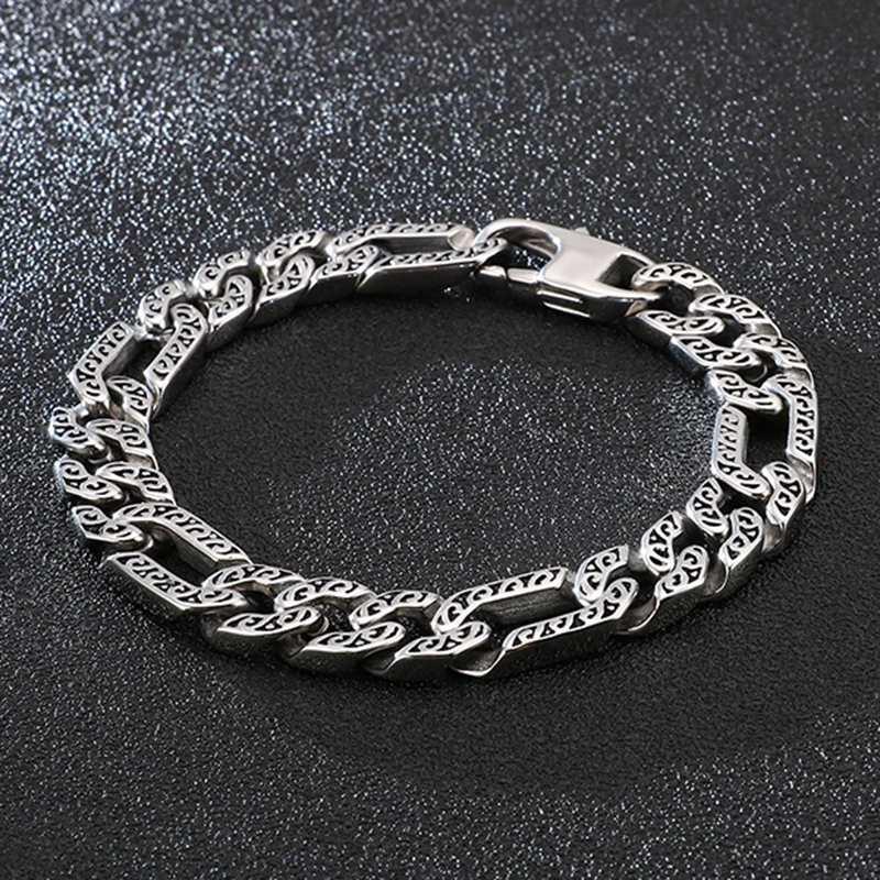 Fongten 21.5cm Cuban Chain Bracelet For Men Stainless Steel Charm Male Curb Bracelets Bangles Silver Color Retro Totems  Jewlery