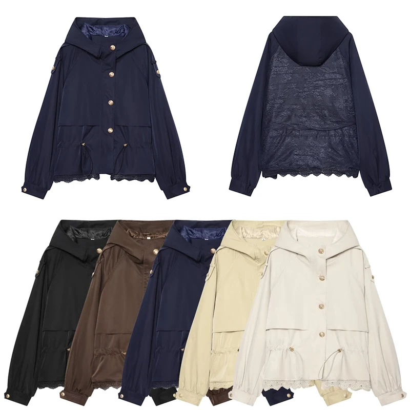 Guobioziy Women's Slim Fit Hooded Lace Cotton Jacket 2026 Spring-Autumn European Casual Fashion Trendy Street Old Money Style