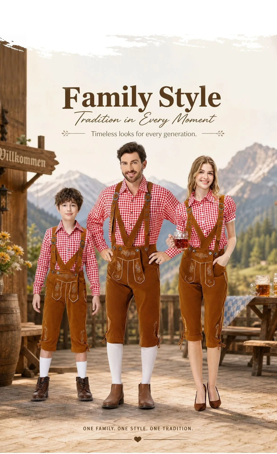 Vintage Bayerisches Lederhosen-Outfit für die Familie, Weißes Karohemd, Bestickte Hosenträgerhose, Oktoberfest-Party-Cosplay-Kostüm – Detail 3