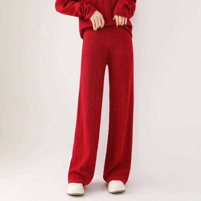Conjunto rojo de lana de alta calidad para mujer, traje de punto informal holgado de Cuello medio alto, pantalones de pierna ancha, traje de 2