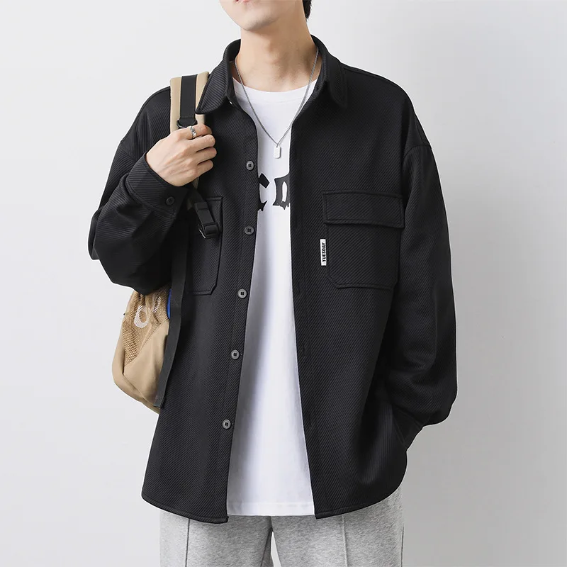 

2023 Men New Spring Autumn Pocket Lapel Collar Workwear Coat Fashion Student Solid Color Top Loose Casual Jacket Male Streetwear