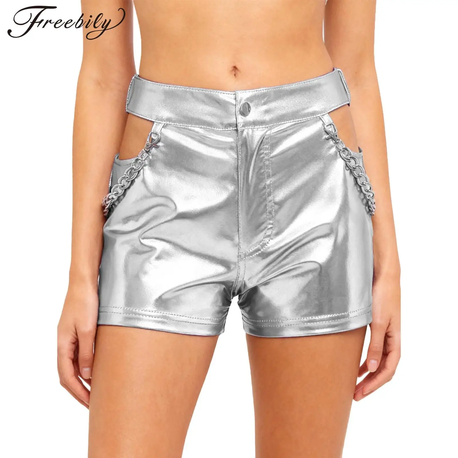 

Женский костюм для танцев на пилоне, глянцевые шорты с металлическим эффектом, шорты для рейв-вечеринки, ночного клуба, музыкального фестиваля, уличная одежда