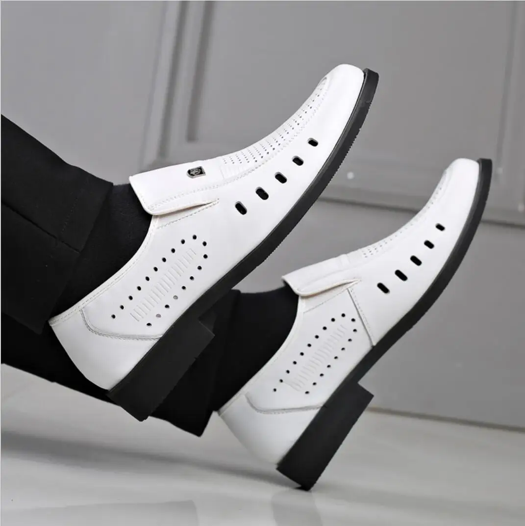 Men\'s Business Dress Casual Leather Shoes Men Soft Genuine Leather Breathable Hollow Sandals Fashion Mens White Oxford Shoes