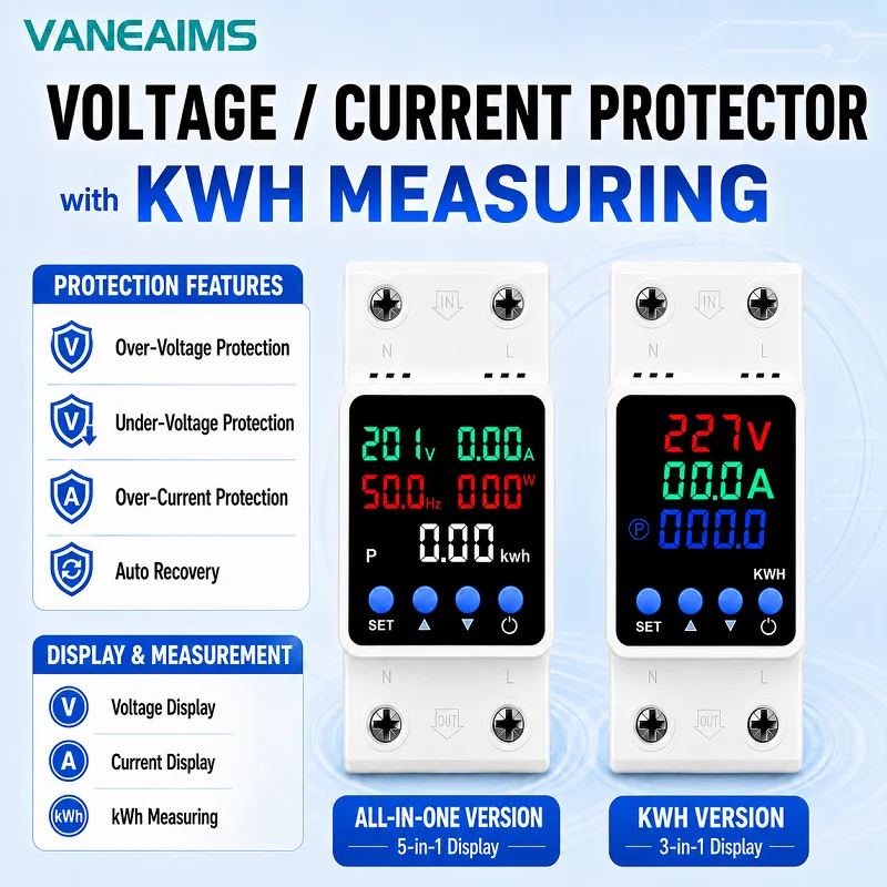 Voltage Relay Protector 63A 80A 220VAC Din Rail Adjustable Over Under Voltage Current Protective Device with Kwh Measuring