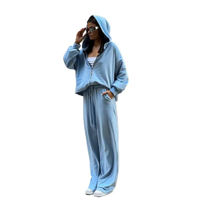 

2025 New Fashion Zipper Hooded Jacket + Wide-leg Pants Two-piece Sets Women Autumn Casual Jogger Cardigan Trousers Suit Women