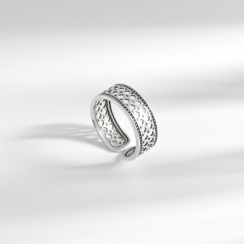 

925 Sterling Silver Korea Fashion Personality Creative Design Hollow Out Punk Ring Retro Do Old Open Adjustable