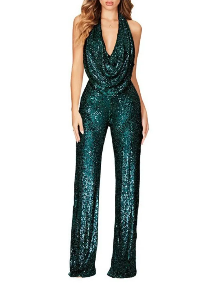 จั๊มพ์สูทแฟชั่นผู้หญิง แต่งเลื่อม คอ halter ทรงเข้ารูป เอวสูง ขาตรง สไตล์ลำลอง เหมาะสำหรับใส่ไปทำงาน ปาร์ตี้ งานพรอม ชุดจั๊มพ์สูทขายาวแบบชิ้นเดียว