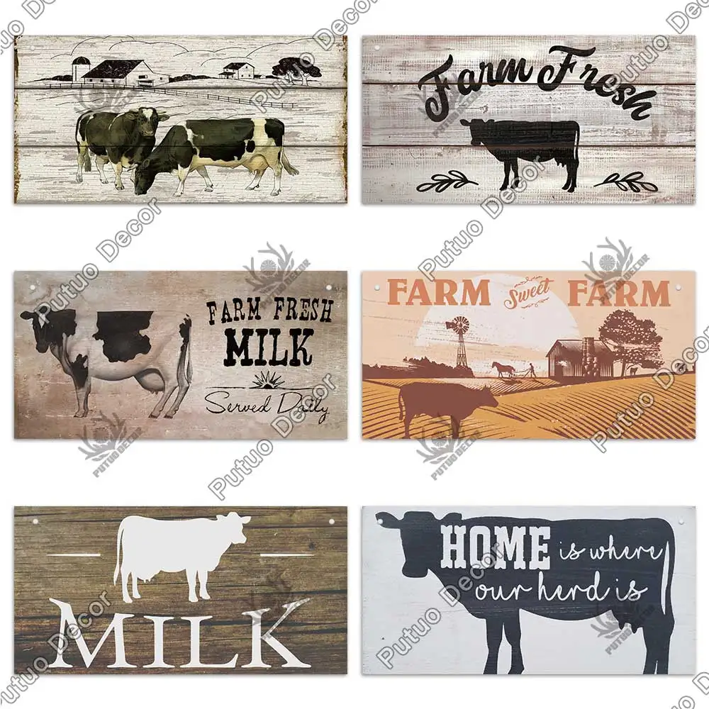 Putuo Decor Cow Wooder Sign Hanging Plaque Farmhouse Sign Decorative Plaque for Farm House Decor Cowshed Decoration Fresh Milk