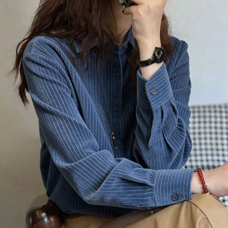 

Spring Autumn Office Lady Striped Button All-match Shirt Tops Women Clothing Polo Neck Long Sleeve Vintage Blouse Fashion Casual