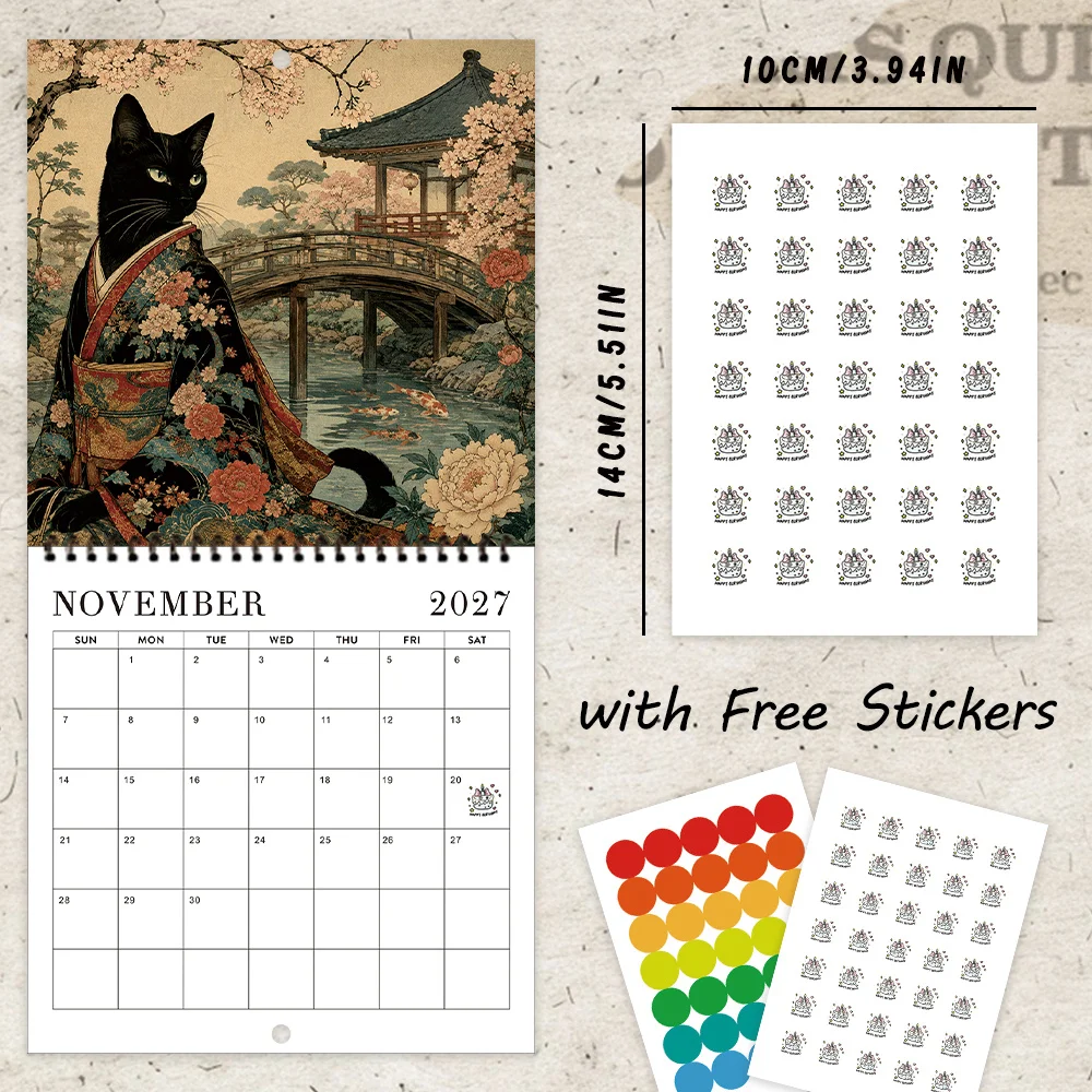 1pc 2027 Moonlit Kimono Ukiyo-e Wall Calendar,12‑Month Planner,Gift For Back‑to‑School,Christmas,New Year,Free Stickers Included