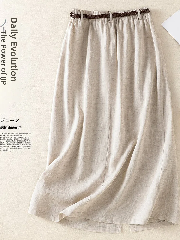 Retro Cotton Linen Asymmetrical Half Skirt Women's Summer New Elastic Waist Slimming Single Button Casual A-Line Skirt