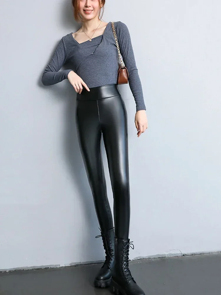 Women Faux Leather Pants High Waist Bodycon Trousers Ladies Casual Stretchy PU Seamless Leggings 4XL Clubwear New Custom