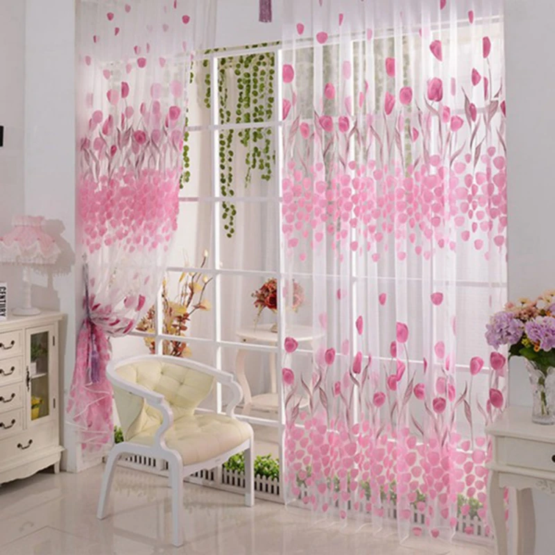 200*100cm Tulip Printed Door Window Curtain Fashion Balcony Gauze Curtains Practical Beautiful Durable For Living Dining Room