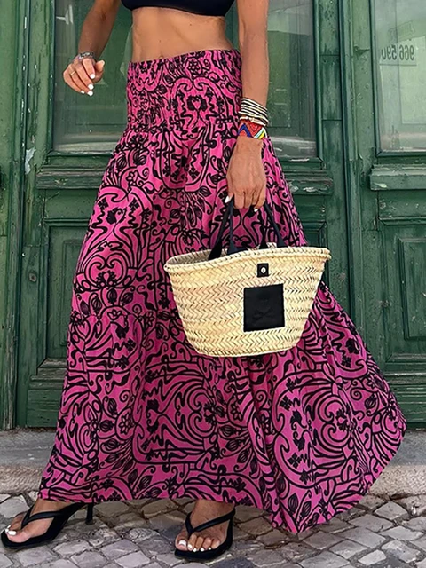 Jupe longue a imprime boheme pour femmes taille haute motif floral plage maxi vintage adt decontractee elastique vacances ete 2023 AliExpress