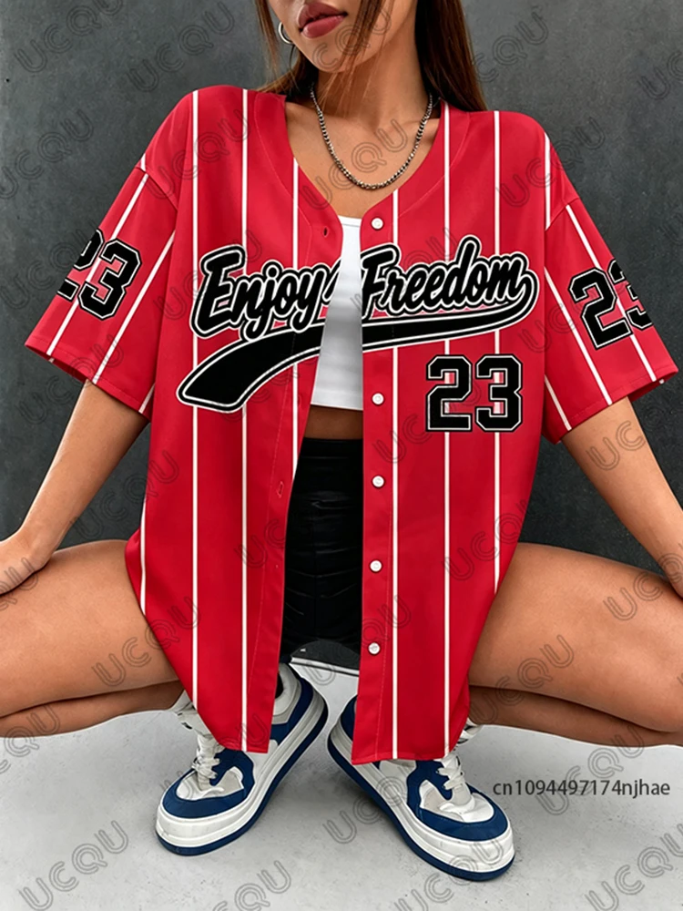 Summer New Red Enjoy Freedom 23 Stripe Print Streetwear Baseball Shirt For Women Men Hip Hop Blouse Short Sleeve Button Up Tops