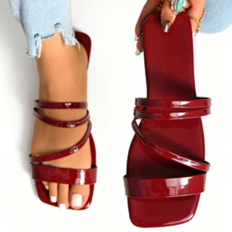 

New Women's Red Flat Sandals Square Toe Patent Leather Strappy Slides Elegant Summer Beach Shoes Ladies Casual Outdoor Slippers