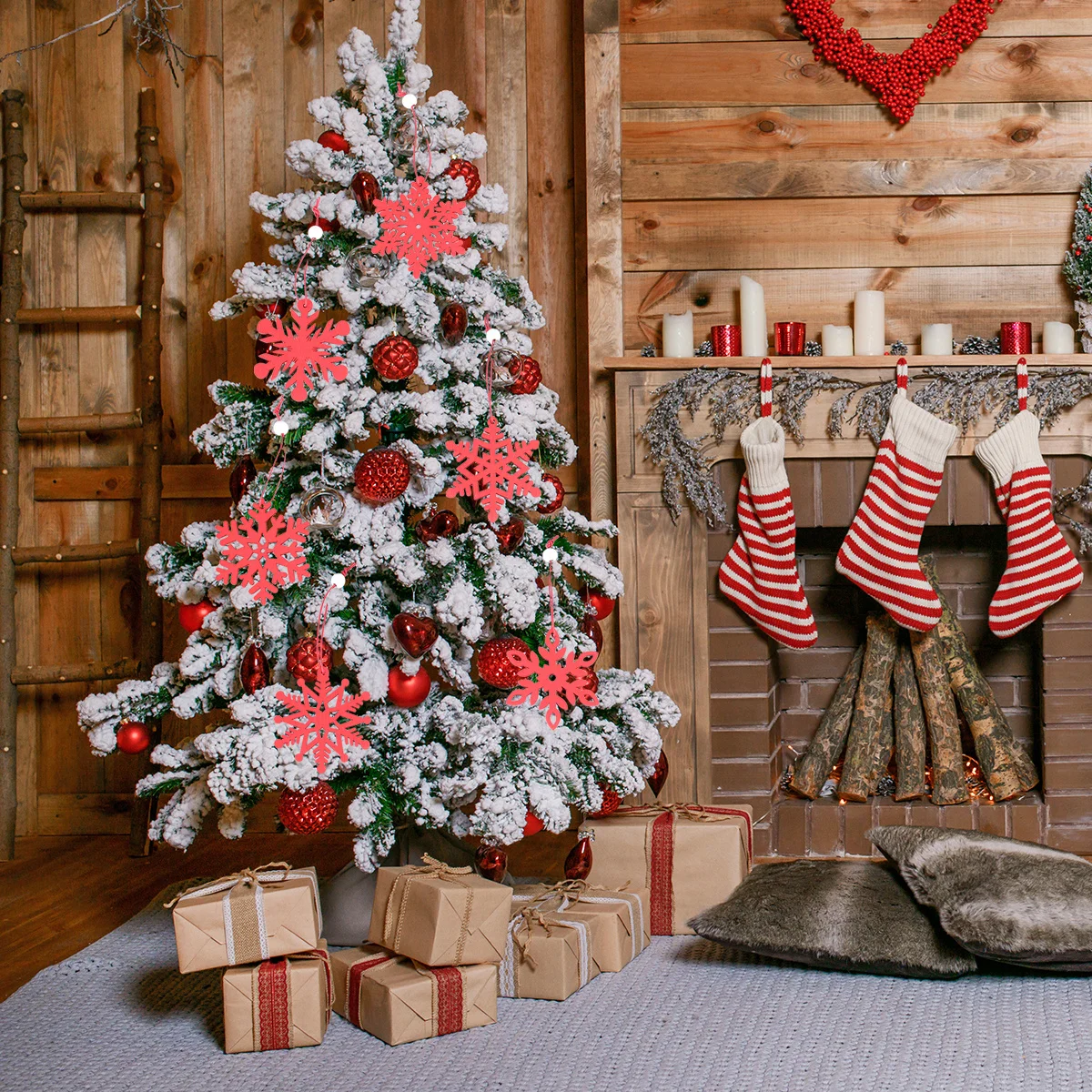 

12pcs Christmas Snowflake Hanging Ornaments Red Wooden Slices For Xmas Tree Party Home Garden Window Decoration Craft Supplies