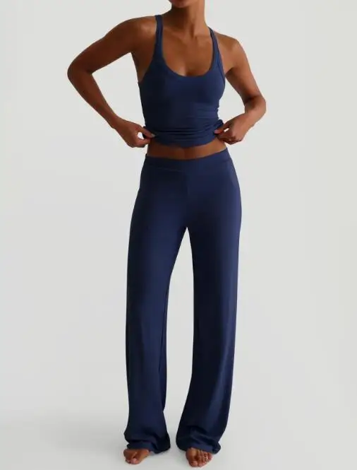 

Summer Women's Sports Yoga 2-Piece Set Solid Color Round Neck Sleeveless Vest and High Waisted Straight Leg Pants Set