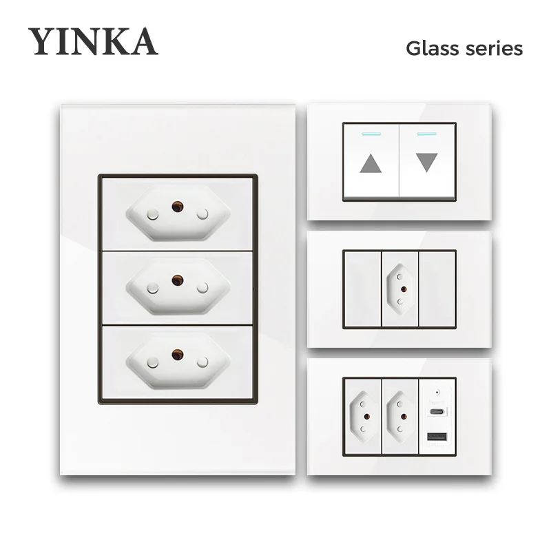 YINKA 4*2 White Tempered Glass Brazil Switzerland Standard Outlet with USB Type C Wall Power Socket Light Switch 20A 118*75mm