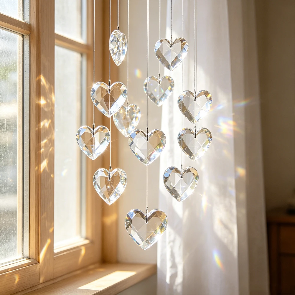 5pcs Pack Faceted Heart Crystal Prism Pendant 3.5cm Grid Cut Glass Suncatcher Rainbow Maker Car Mirror Christmas Tree Hanging