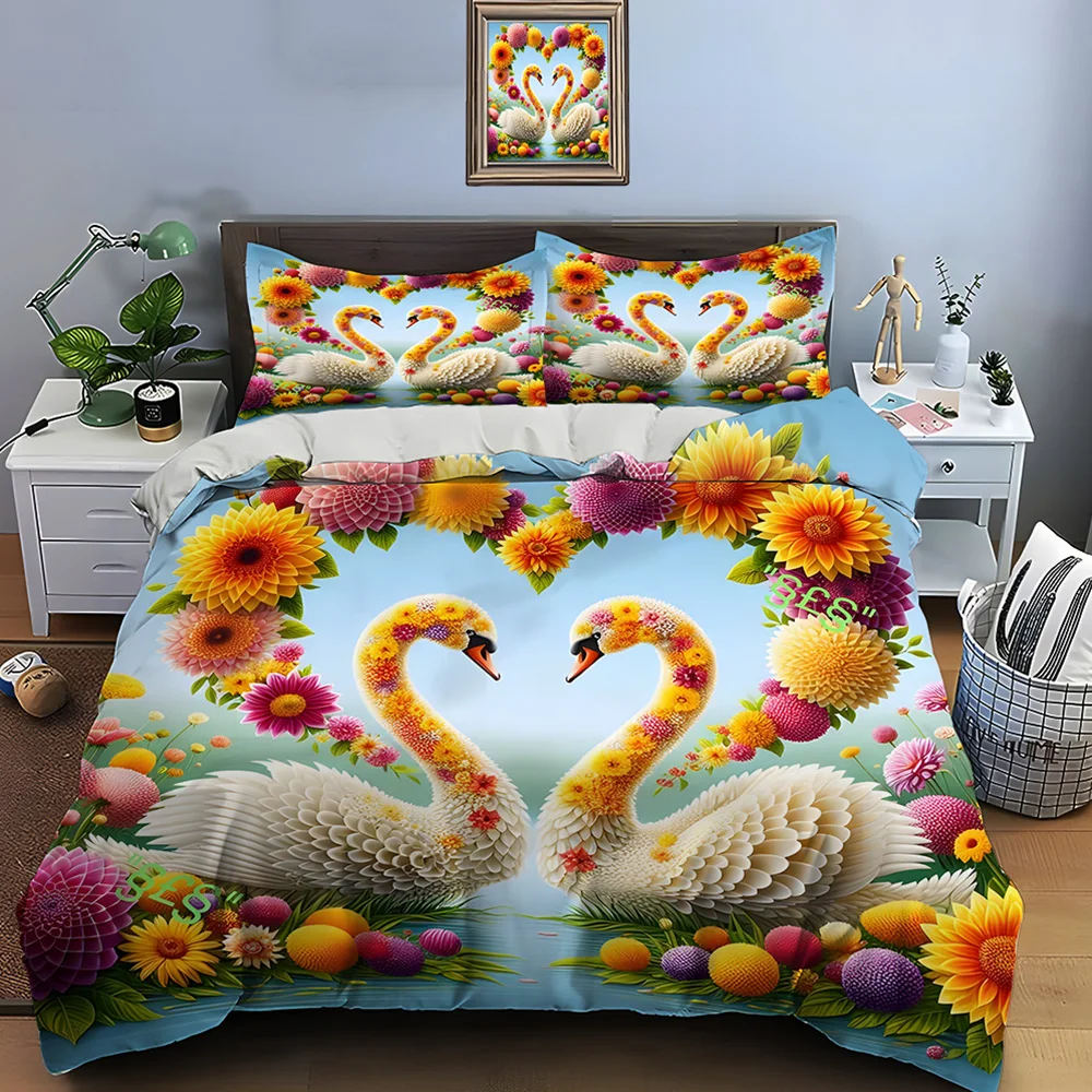 Two swans with floral heart Print Soft Comfortable Duvet Cover Bedding Set Included 1*Duvet Cover  2*Pillowcases Luxury gifts