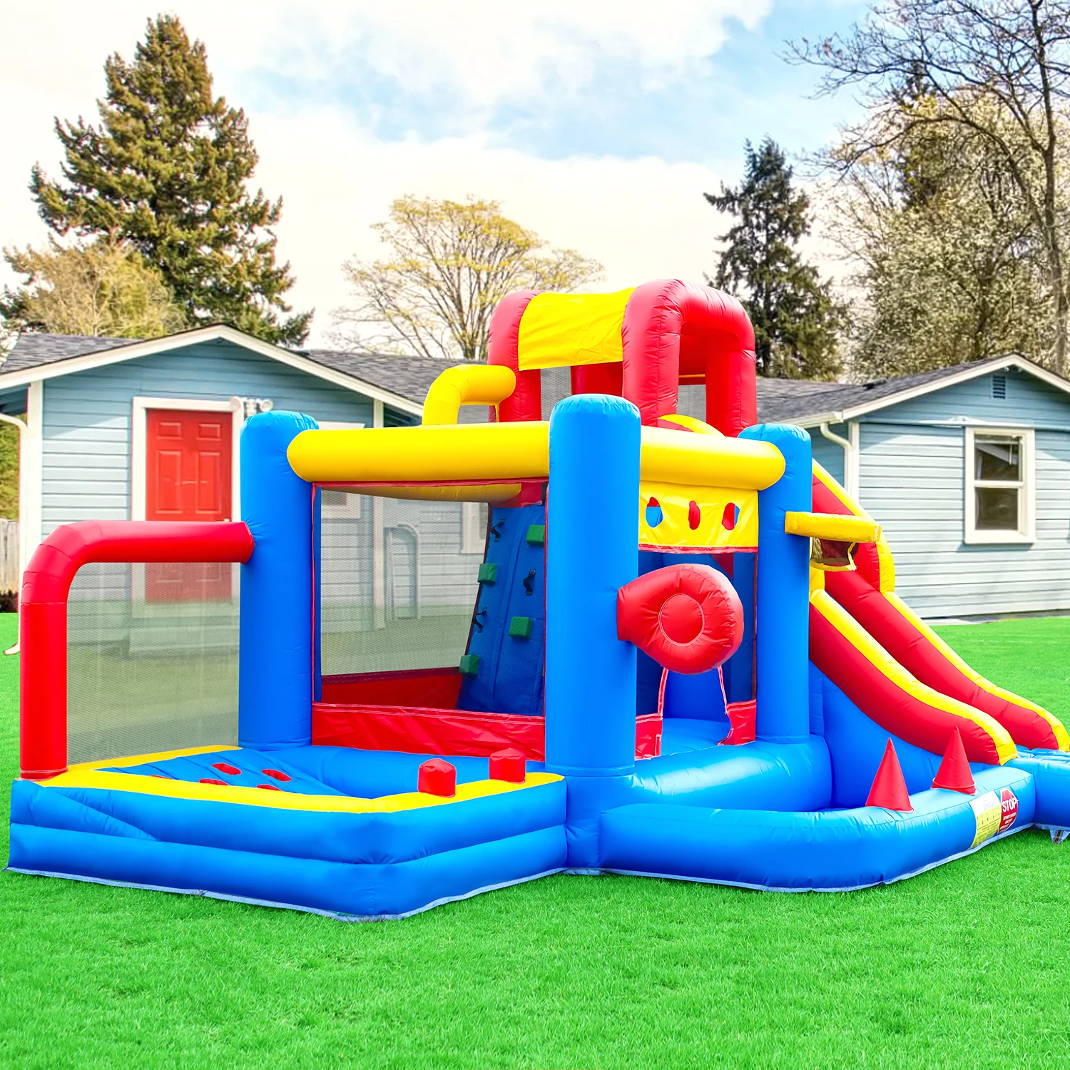Maison gonflable rebondissante pour enfants avec toboggan, fosse à balles, escalade, alimenté par ventilateur de 1100 W, 100% PVC, autoportante, prise américaine 110-130 V
