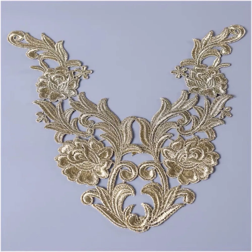 

1Pair DIY Polyester Lace Applique Flower Gold Embroidery Patch Lace Material Sewing Trims Wedding Decoration